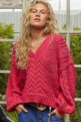 Cable-Knit Solid V-Neck Cropped Sweater POL