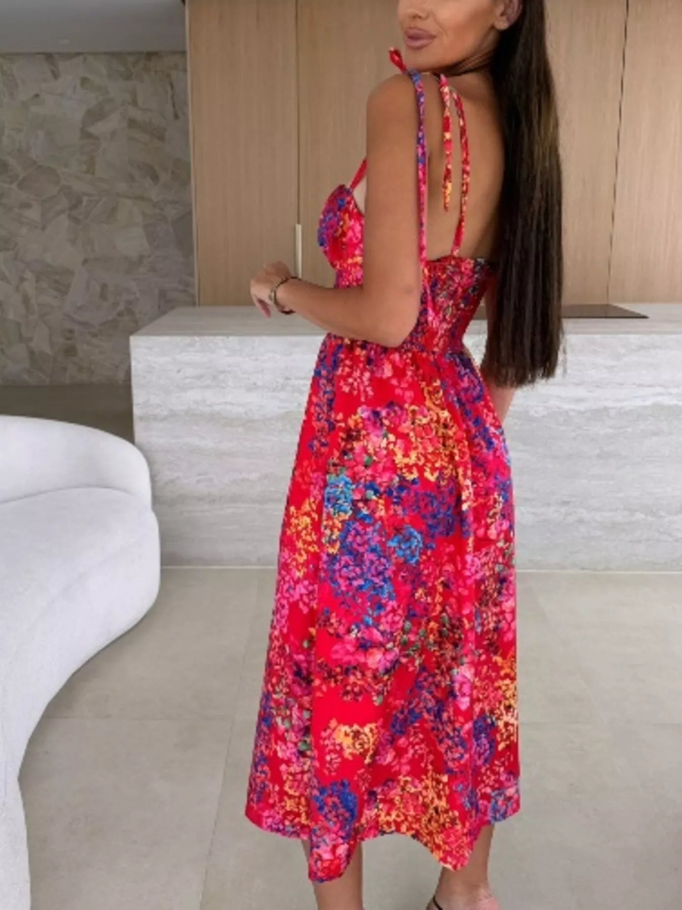 Printed Tie-Strap Midi Dress Simmer & Fay