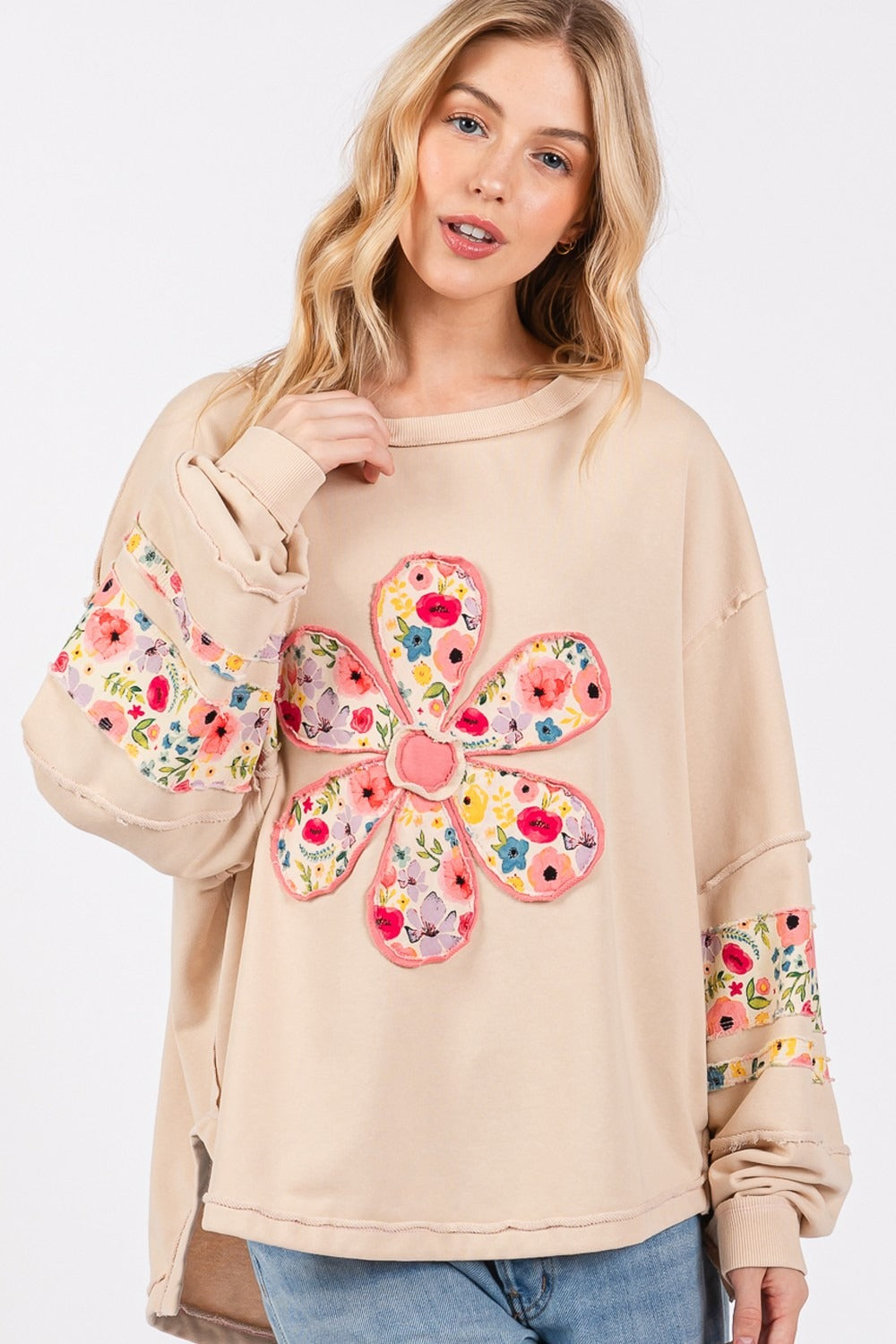 Daisy Patch Applique Long Sleeve Sweatshirt Sage + Fig   