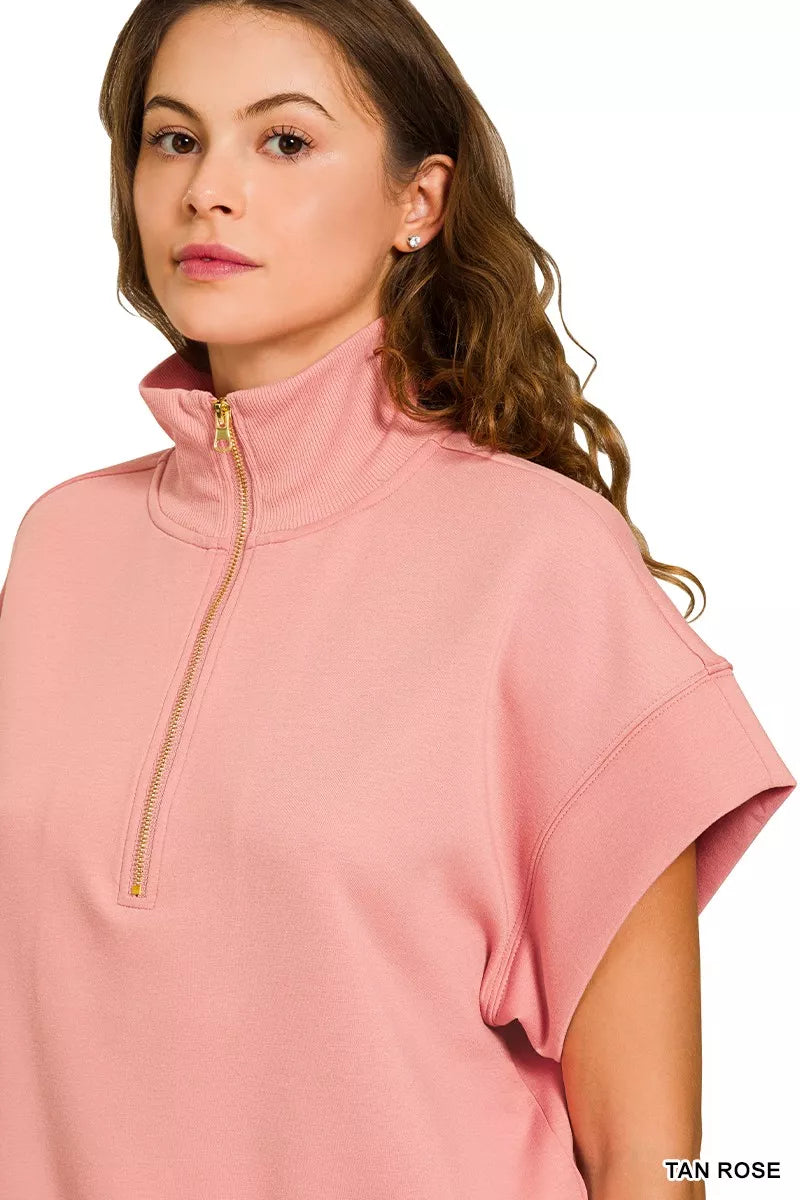 Scuba High Neck Half Zip Short Sleeve Top With Plus Size ZENANA