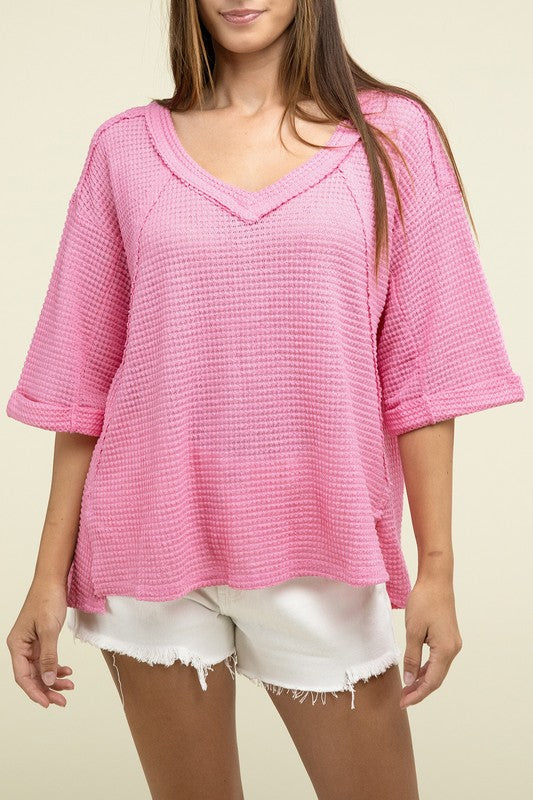 Brushed Waffle Relaxed 3/4 Sleeve Top ZENANA PINK S/M 