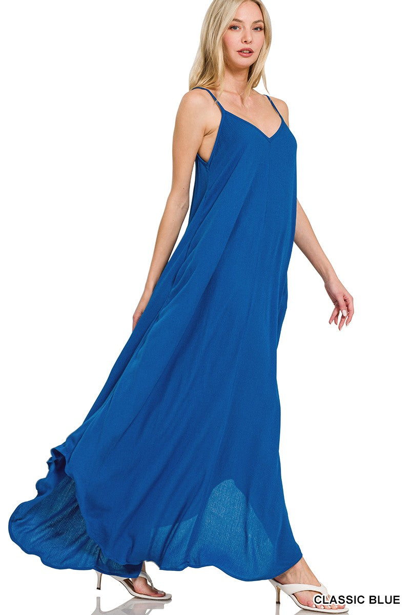 Woven Crinkle Cami Maxi Dress with Side Pockets ZENANA