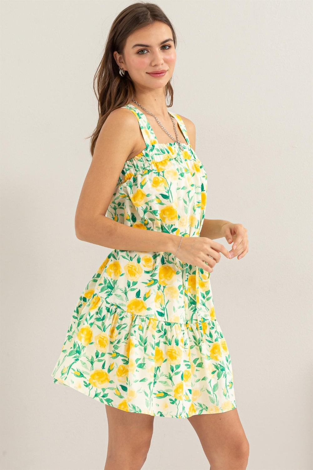 Citrus Floral Tie Shoulder Tiered Mini Dress HYFVE Yellow S 