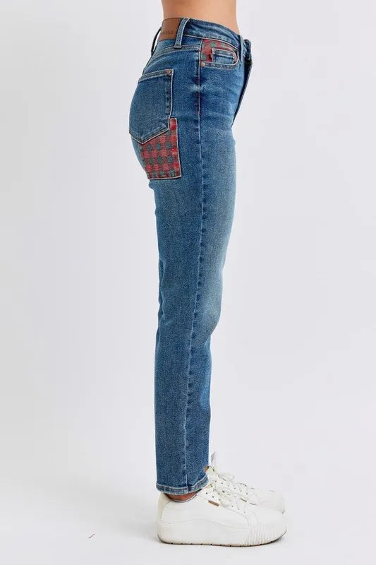 High Waist Plaid Patch Slim Fit Jeans Plus Size Judy Blue