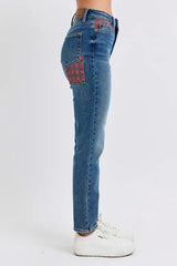 High Waist Plaid Patch Slim Fit Jeans Plus Size Judy Blue