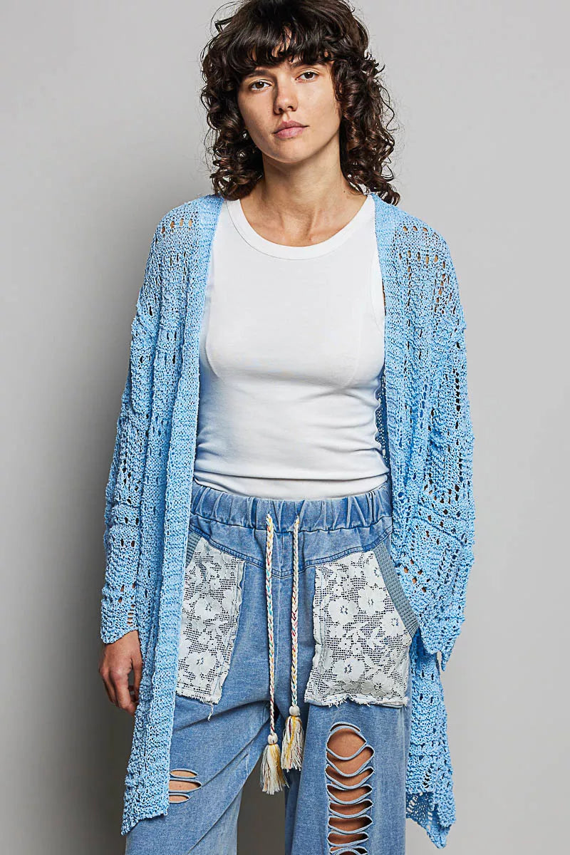Openwork Lightweight Open Front Cardigan with Scalloped Edge POL