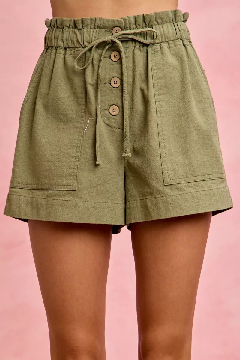 Paper Bag Patch Pocket Drawstring Twill Shorts So Me OLIVE S