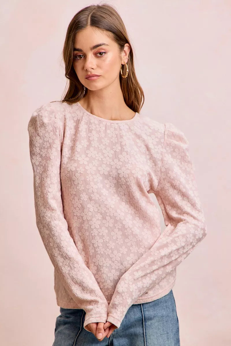 Textured Flower Knit Puff Shoulder Top BiBi