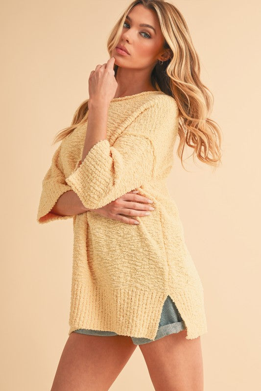 Side Slit Ribbed Hem Round Neck Sweater Aemi + Co