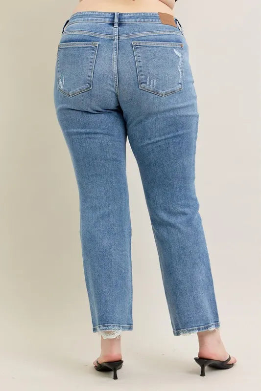 Mid Rise Wash Destroy Hem Bootcut Jeans With Plus Size Judy Blue