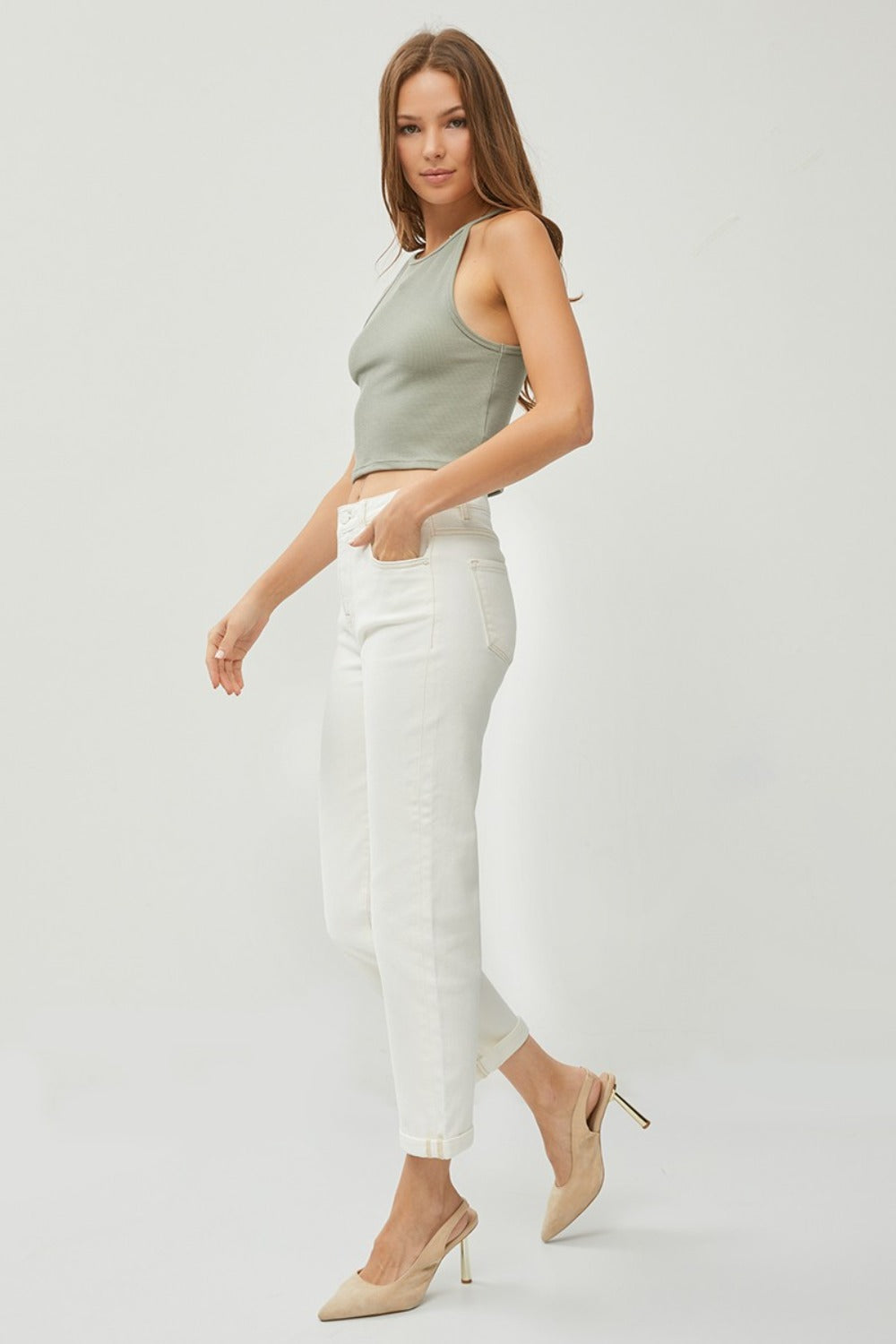 High Waist Rolled Hem Straight Jeans Risen   