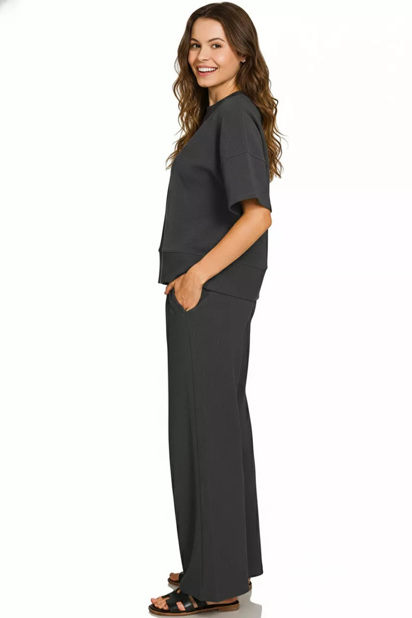 Zenana Ribbed Round Neck Tee & Pants Set Trendsi
