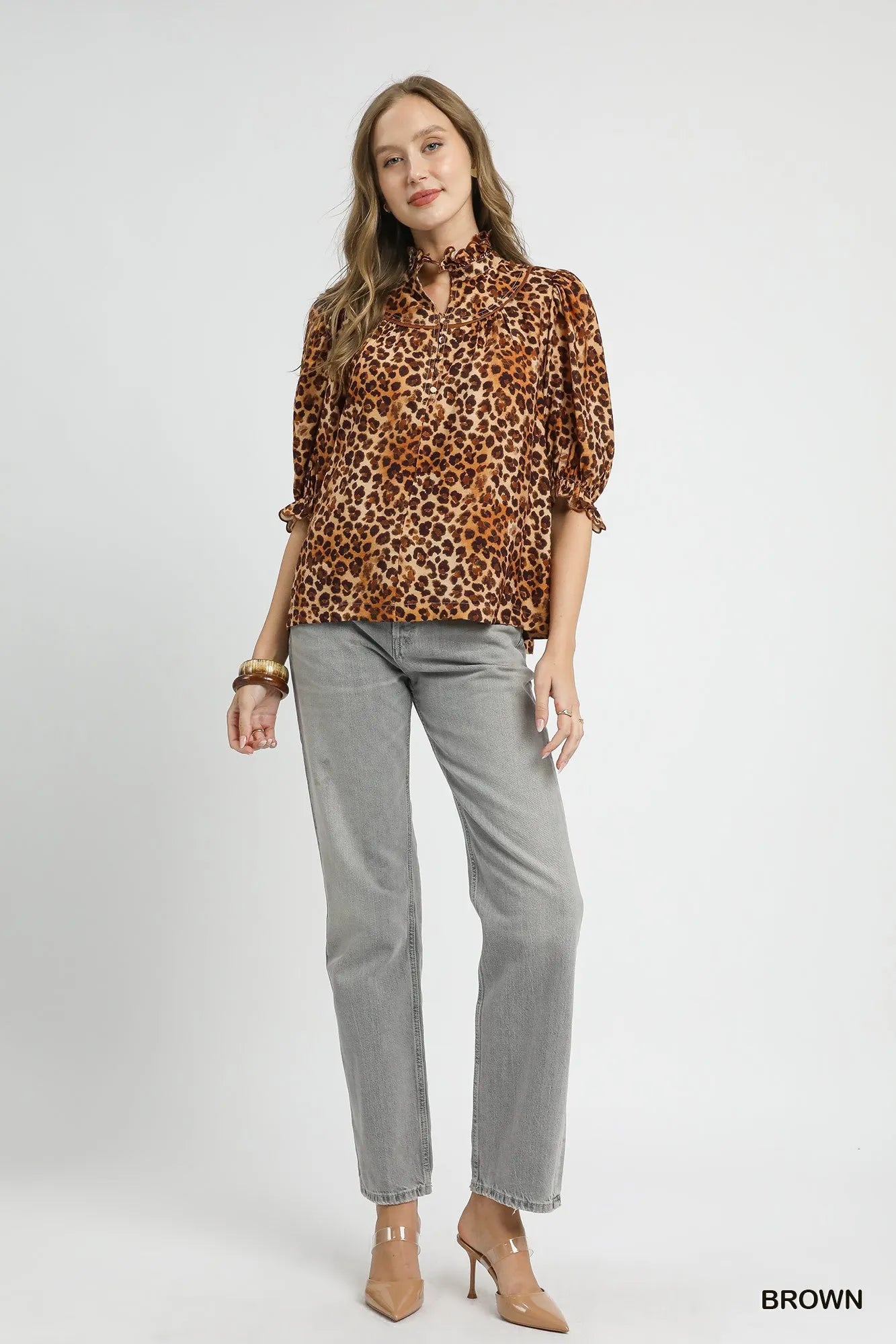 Leopard Print Ruffle Neck Blouse With Plus Size Umgee