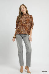 Leopard Print Ruffle Neck Blouse With Plus Size Umgee