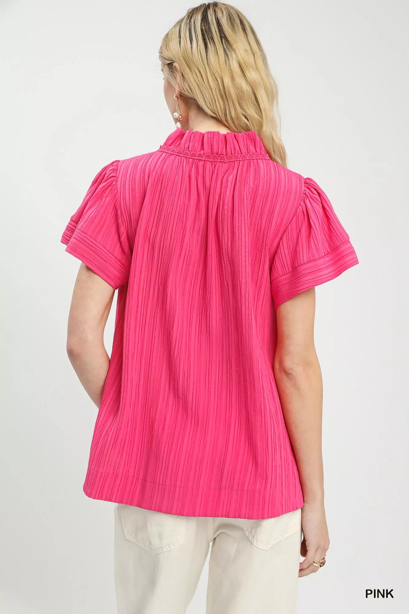 Texture Flutter Sleeve Notched Blouse Umgee