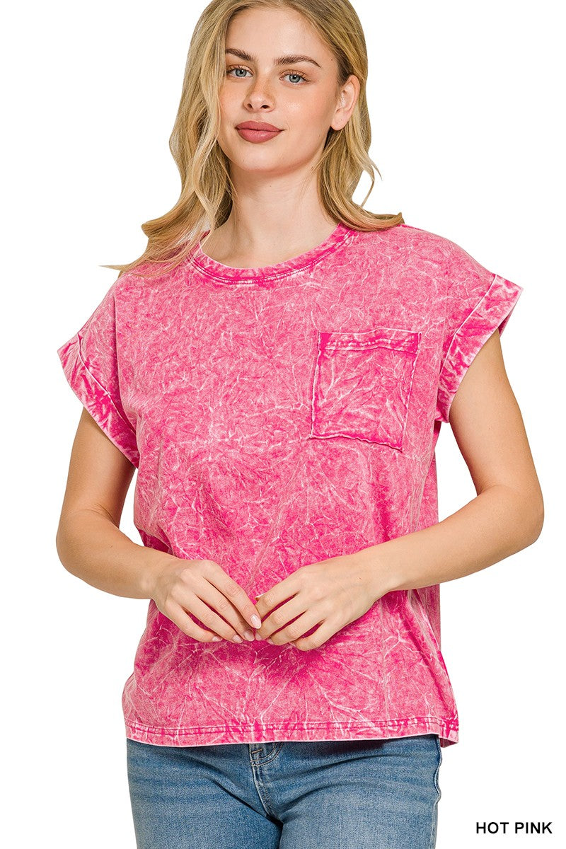 Full Size Crinkle Washed Round Neck Folded Short Sleeve Tee Plus Size ZENANA HOT PINK S