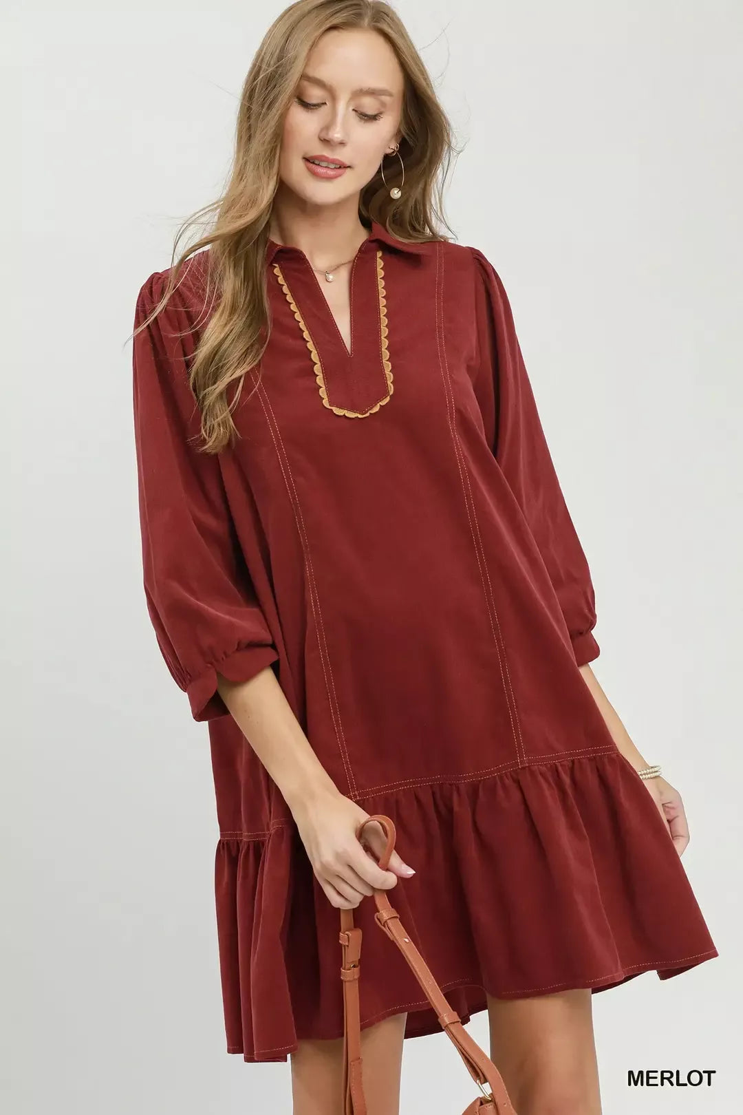 Simmer & Fay - Umgee Merlot corduroy contrast trim tiered babydoll dress, 100% cotton, long sleeve
