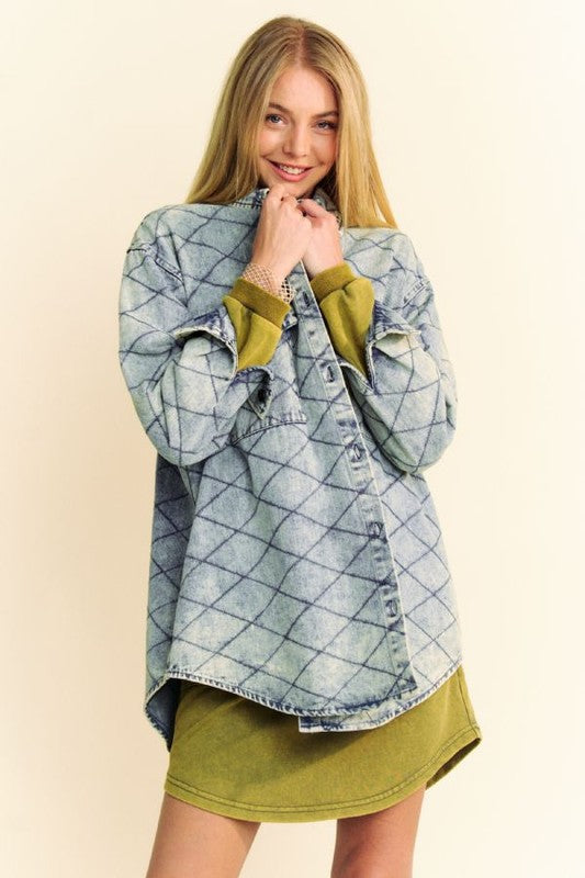 Curved Hem Diamond Quilted Button Up Denim Shacket Davi & Dani