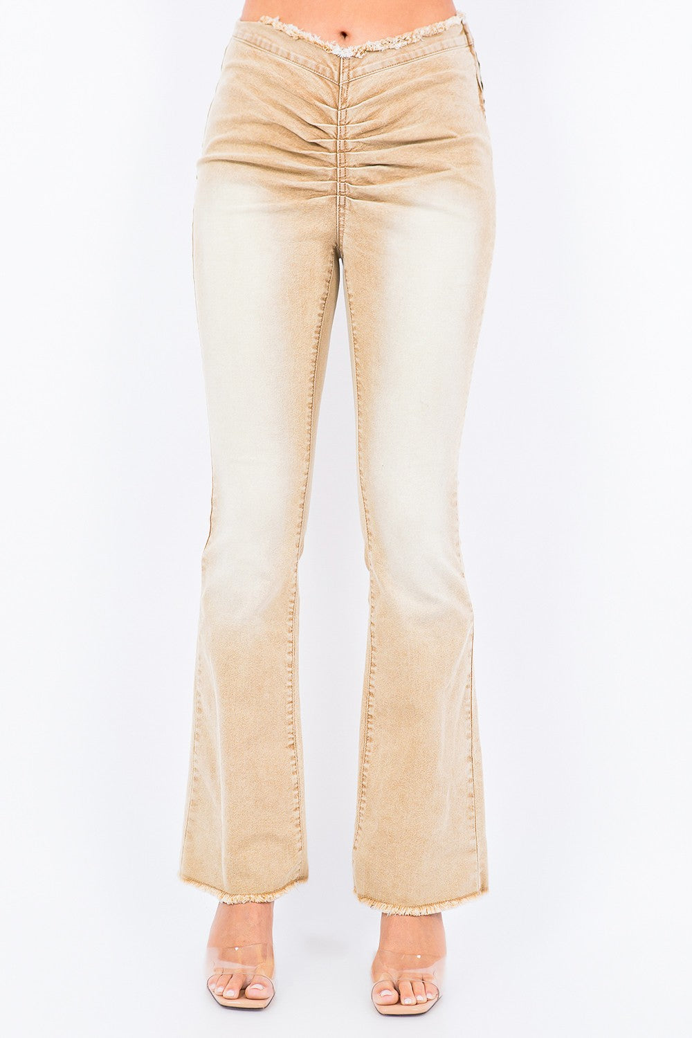 V-Cut Ruched Flare Jeans American Bazi Tan S 