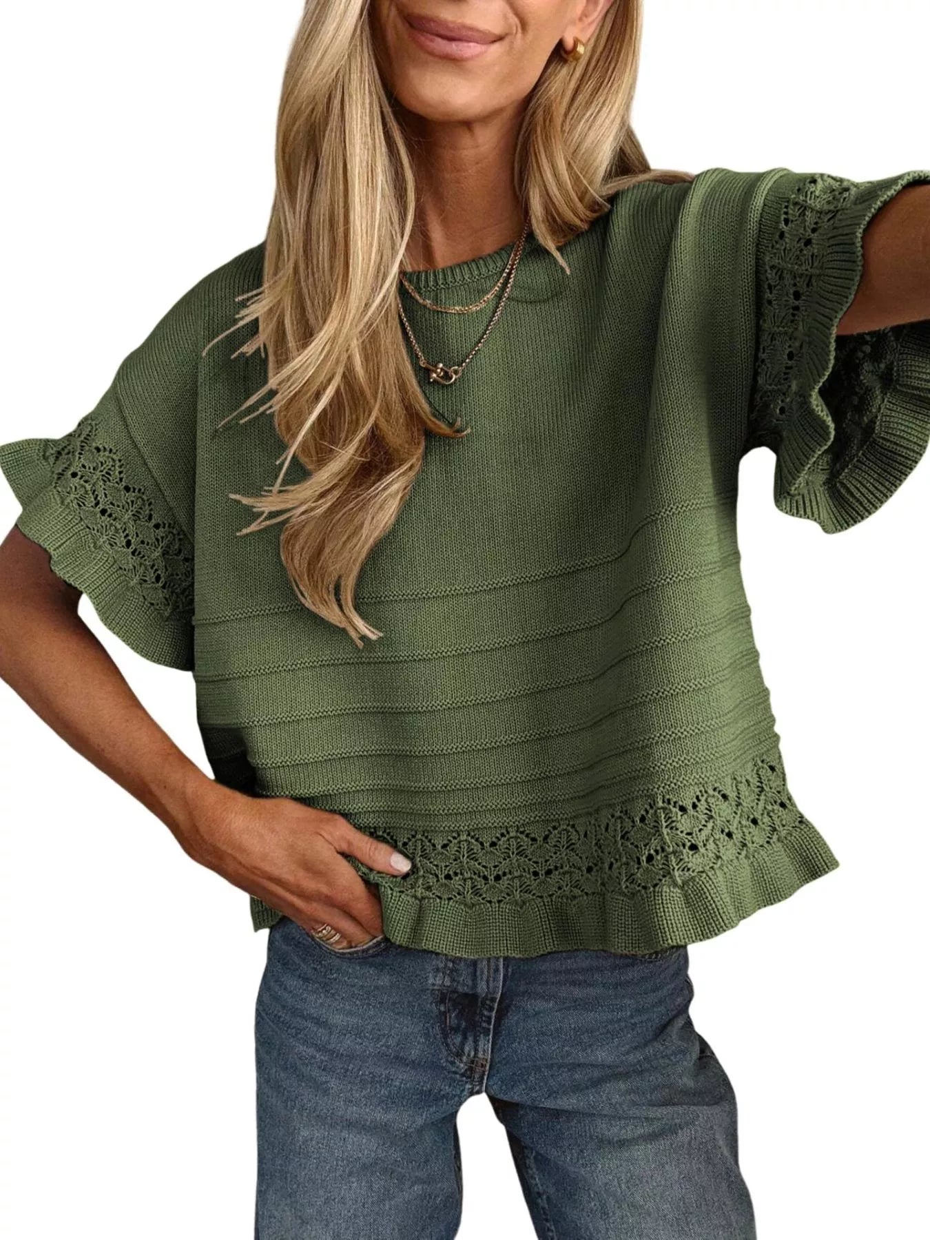Lace Trimmed Knit Top Simmer & Fay Army Green S