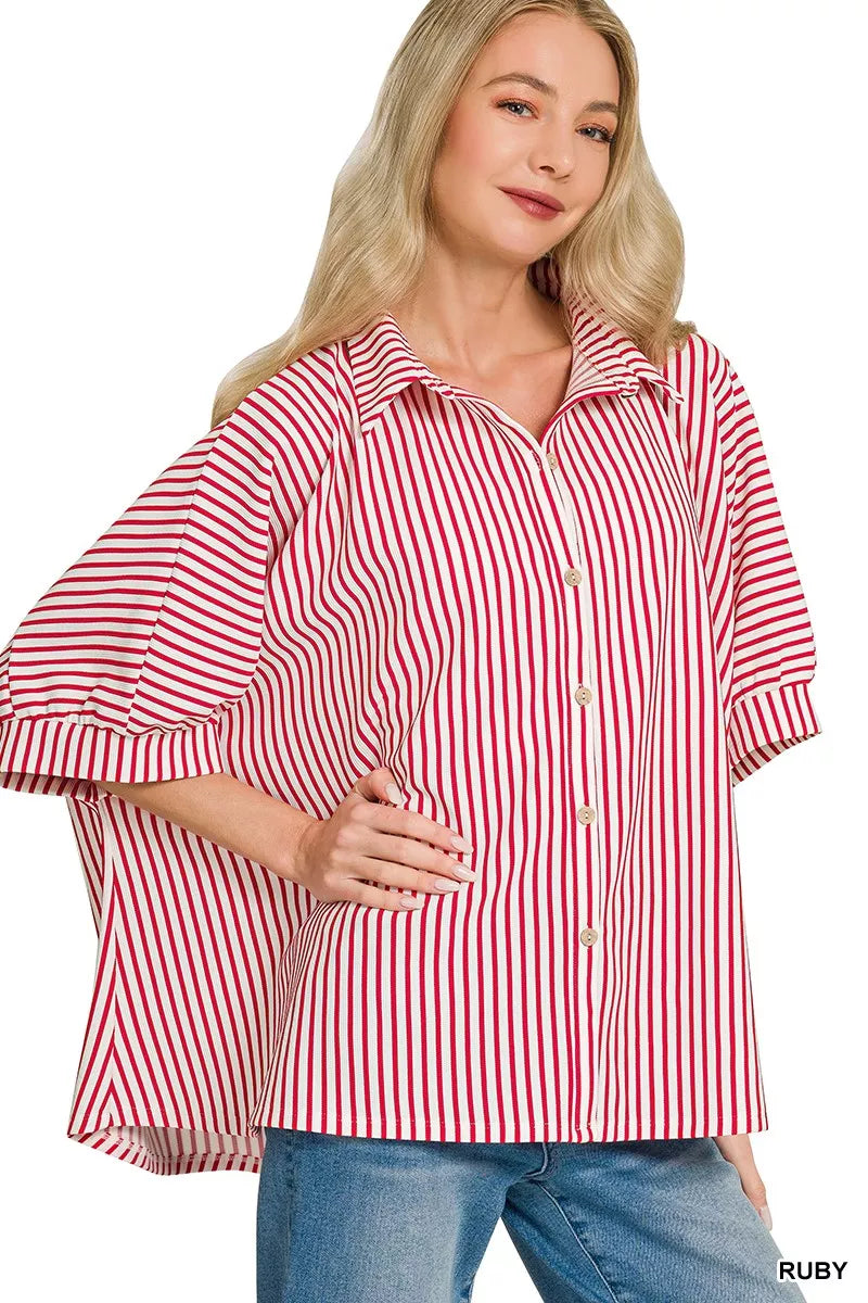 Oversized Stripe Button Down Shirt ZENANA