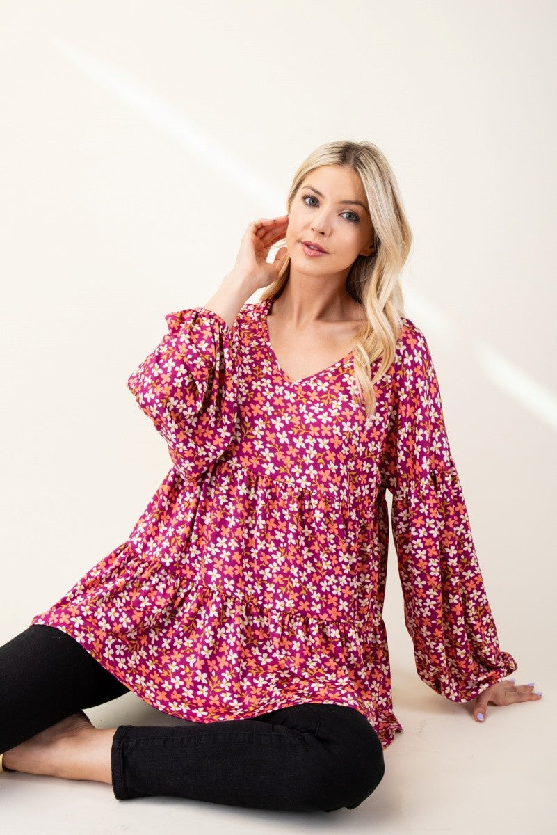 Floral V-Neck Balloon Sleeve Blouse Celeste   