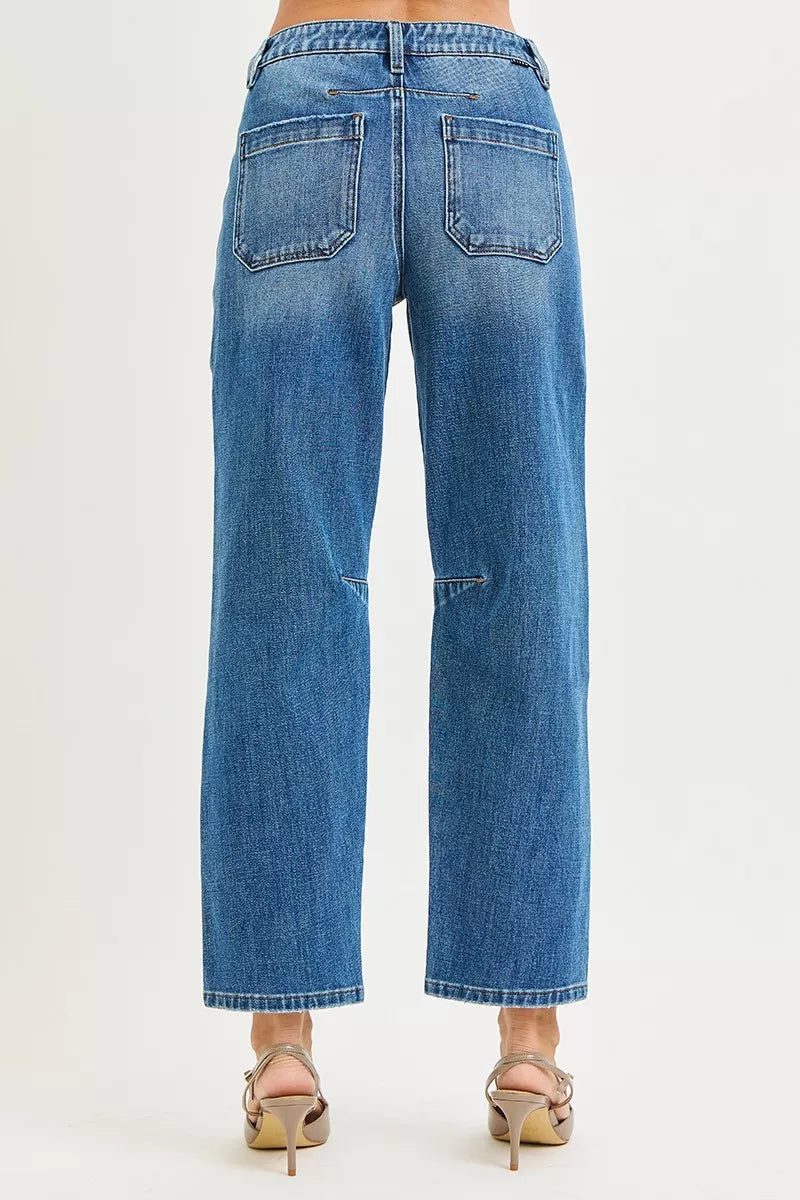 4 Way Stretch Mid Rise Barrel Jeans with Patch Pocket Detail Risen