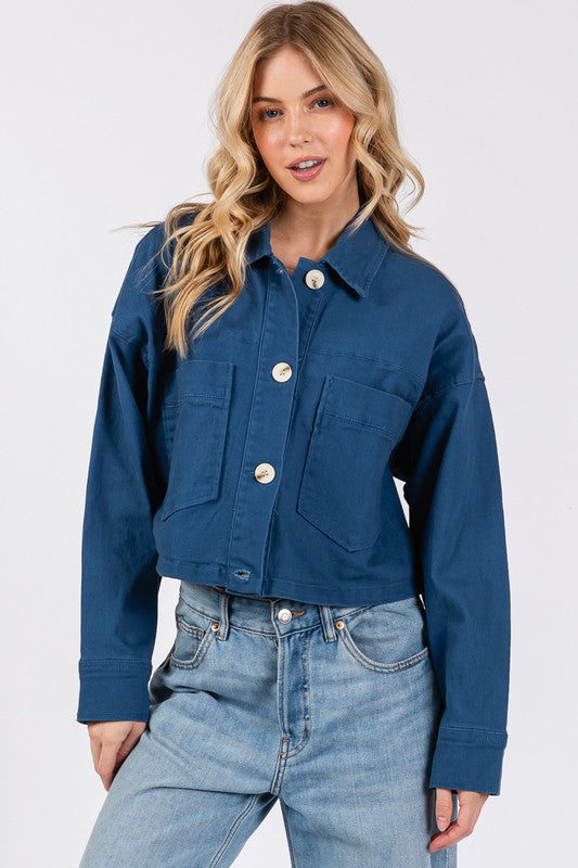 Button Down Cropped Denim Jacket with Patch Pockets Bytos Peacock Blue S