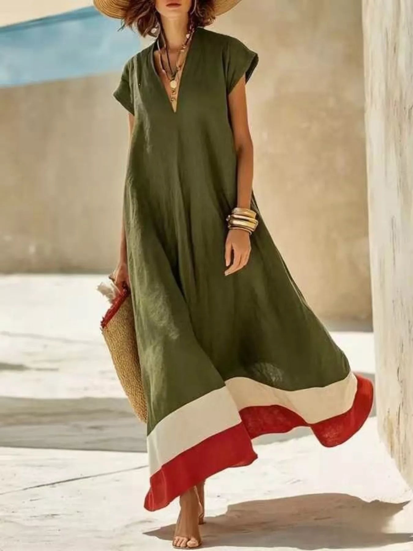 Color Block Hem V-Neck Maxi Dress Simmer & Fay Army Green S