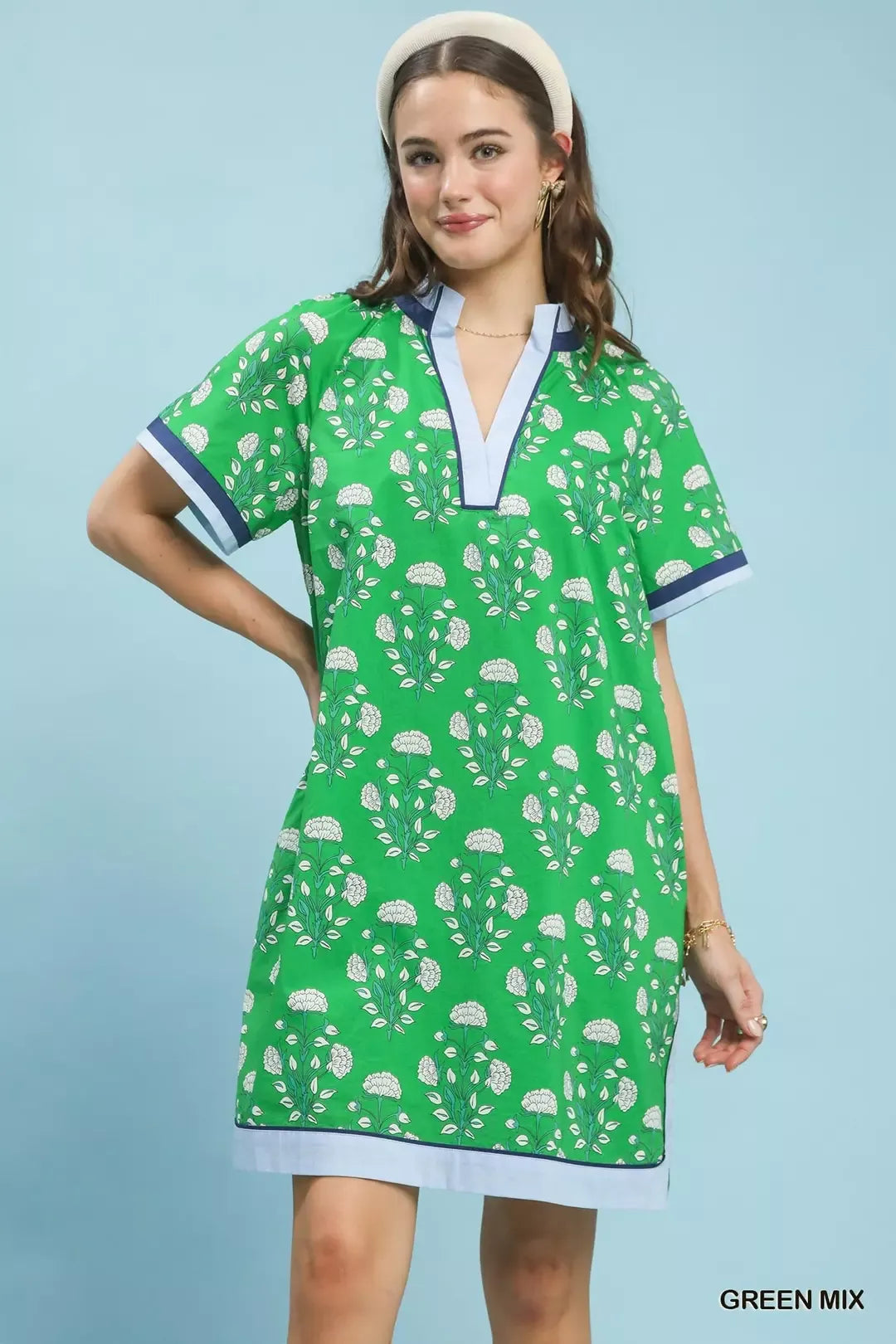 Printed Split Neck Short Sleeve Shift Dress Umgee