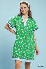 Printed Split Neck Short Sleeve Shift Dress Umgee