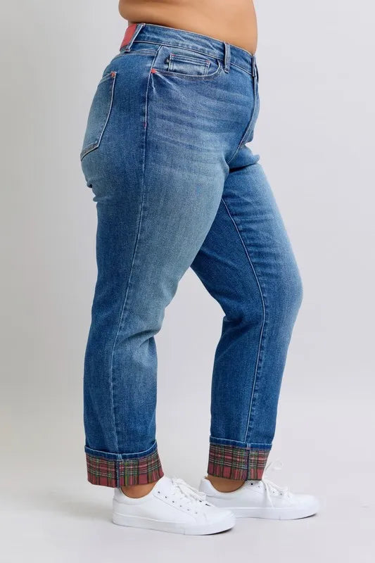 Mr Plaid Print Cuff Boyfriend Jeans with Plus Size Judy Blue