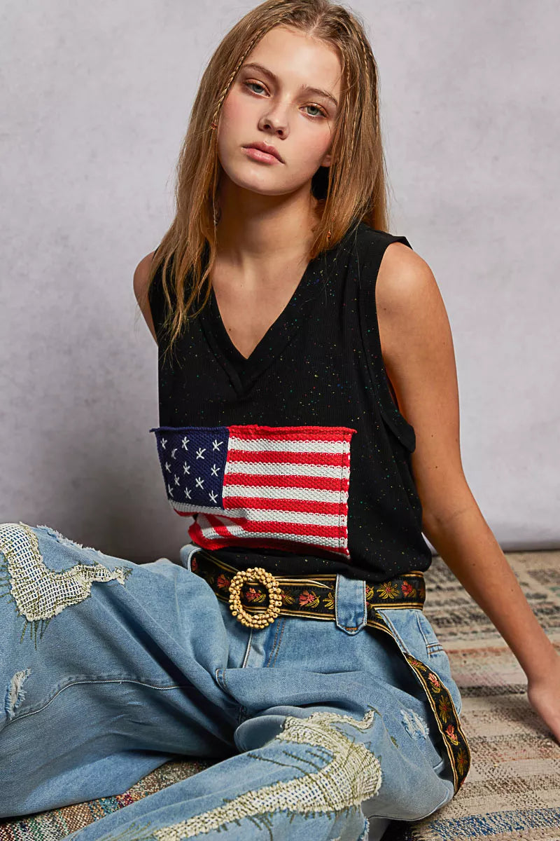 V-Neck Ribbed Tank with American Flag Patch and Star Back Patch POL