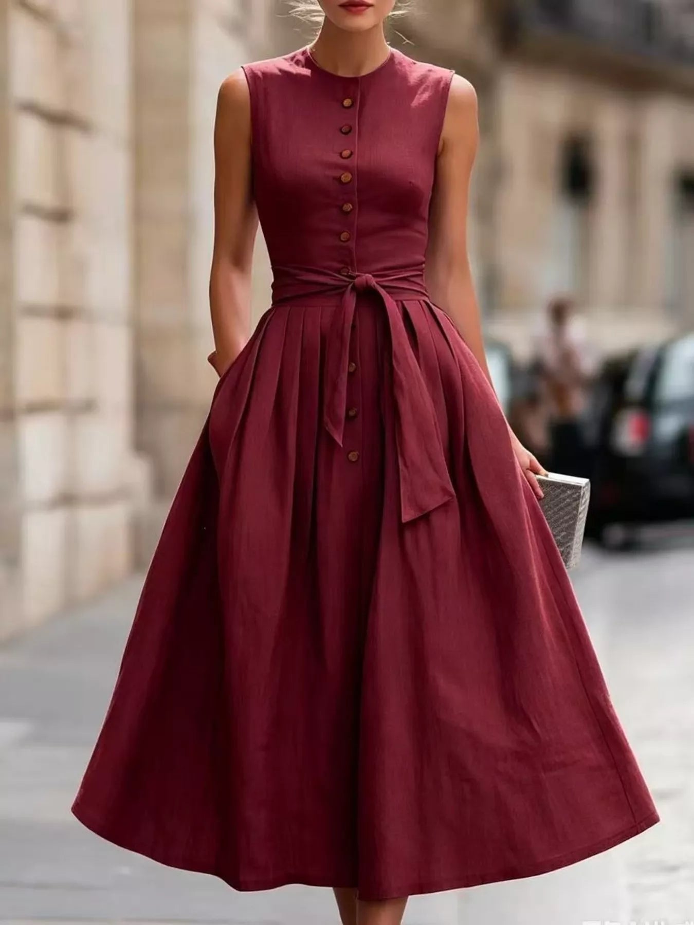 Sleeveless Button-Front Belted Midi Dress Simmer & Fay Burgundy S