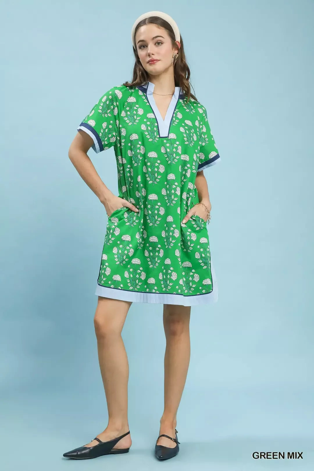 Printed Split Neck Short Sleeve Shift Dress Umgee