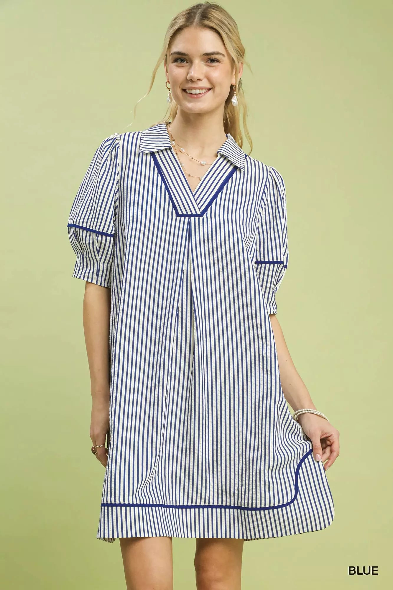 Stripe Collared Shift Dress Umgee BLUE S
