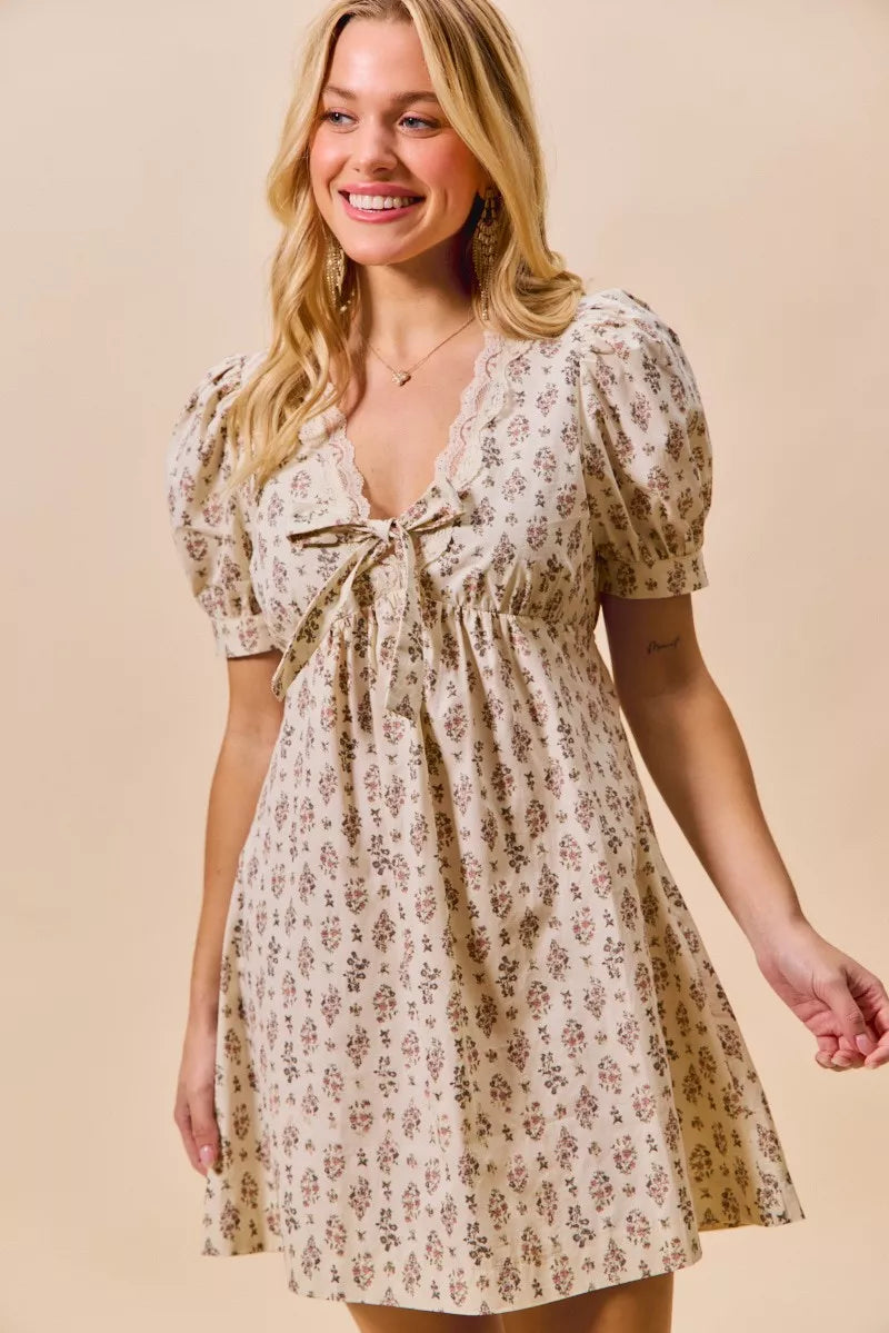 Floral Print Lace Trim Short Sleeves Mini Dress So Me