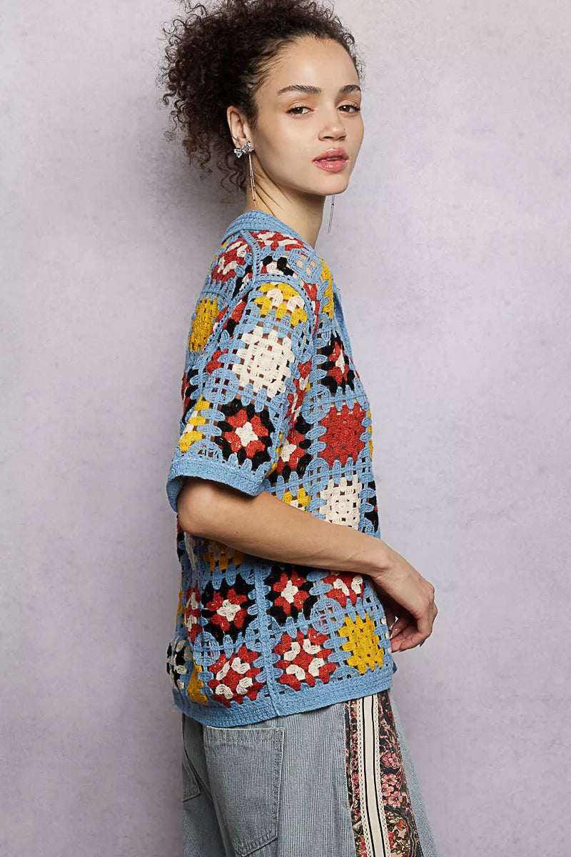 Crochet Short Sleeve Relaxed Fit Shirt POL