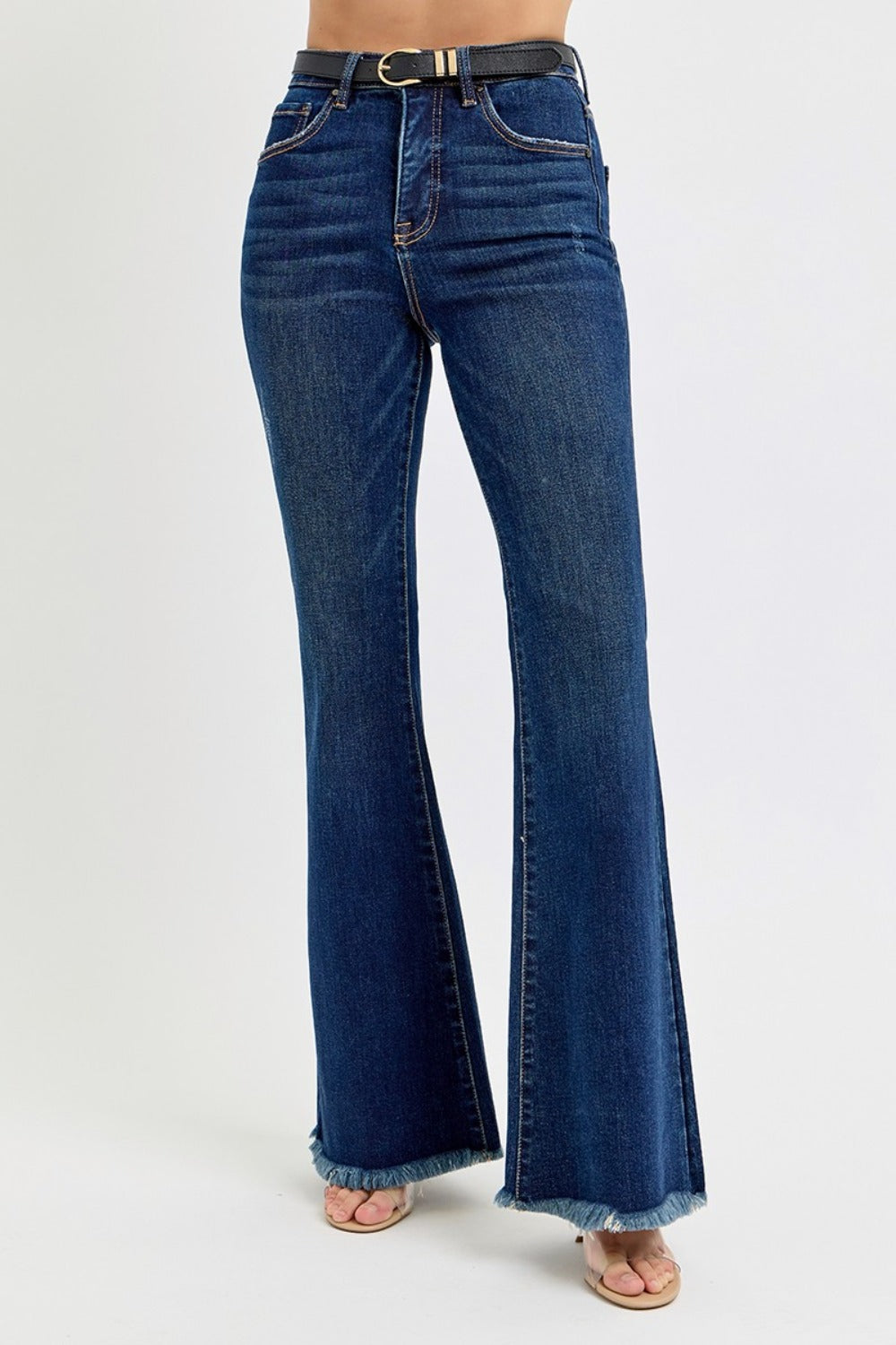 Tummy Control Frayed Hem Flare Jeans Risen   