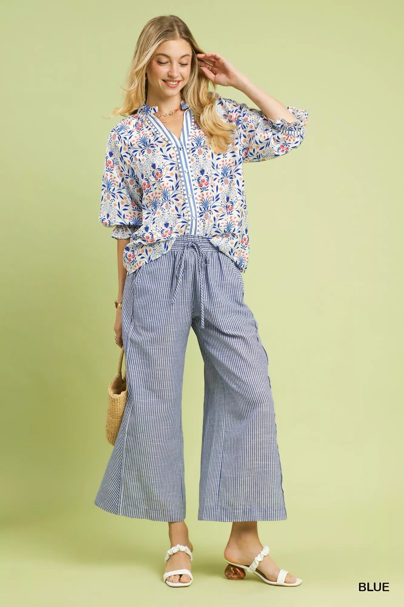 Linen Blend Striped Wide Leg Pants Umgee
