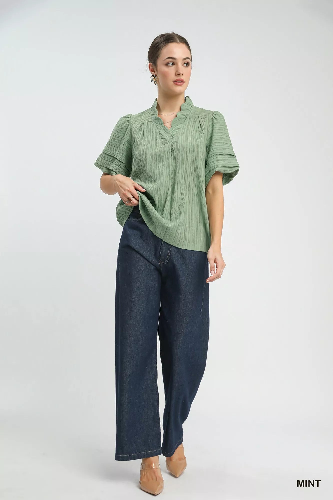 Seersucker Bubble Sleeve V-Neck Blouse Umgee
