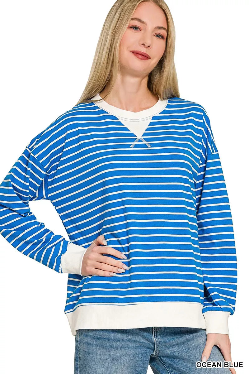 Contrast Striped Round Neck Sweatshirt ZENANA OCEAN BLUE S