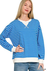 Contrast Striped Round Neck Sweatshirt ZENANA OCEAN BLUE S