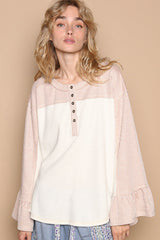 Striped Flounce Sleeve Exposed Seam Top POL Cream/Pink S 