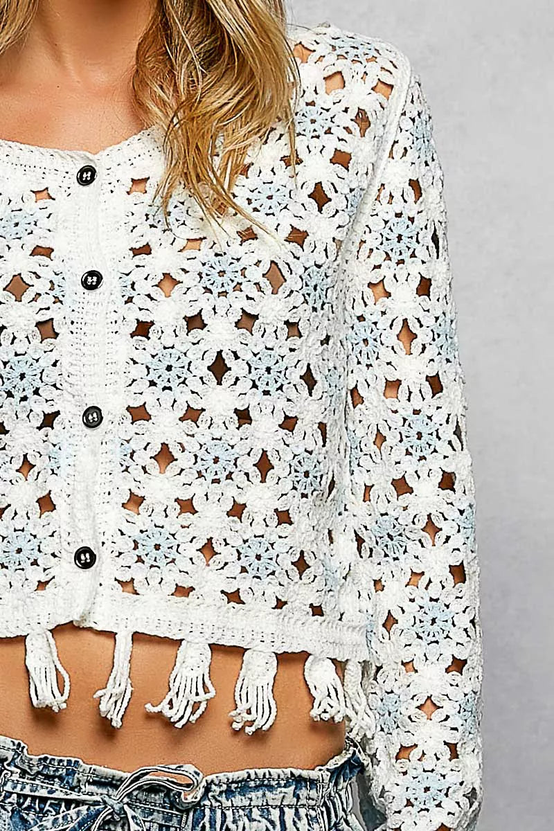 Openwork Floral Crochet Cardigan with Tassel Hem POL