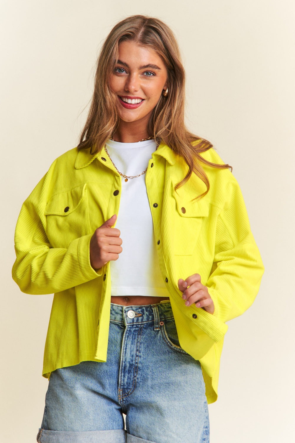 Snap Down Long Sleeve High Low Shacket J.NNA Chartreuse S 