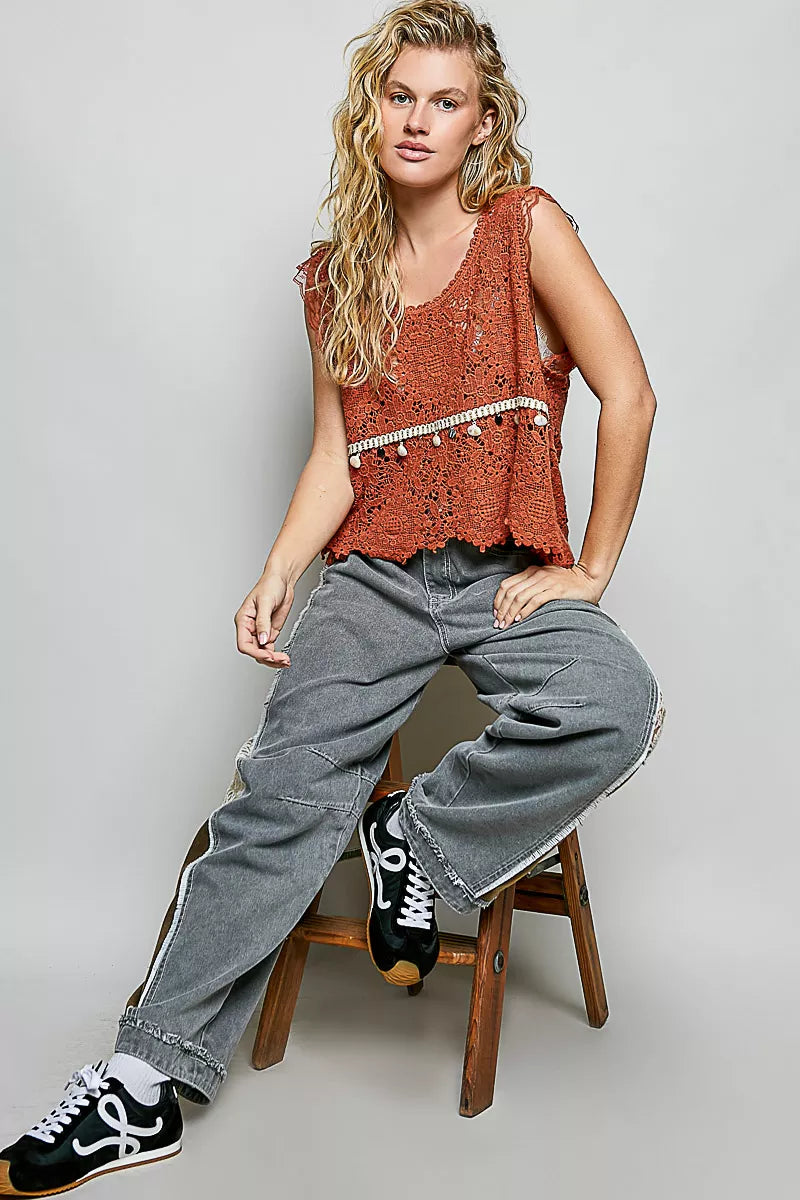 Lace Trim Openwork V-Neck Crochet Tank with Scalloped Edge POL