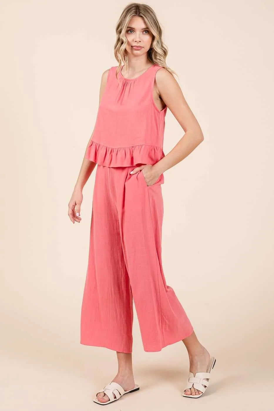 Linen Ruffle Tank Top and Pants Set Mittoshop