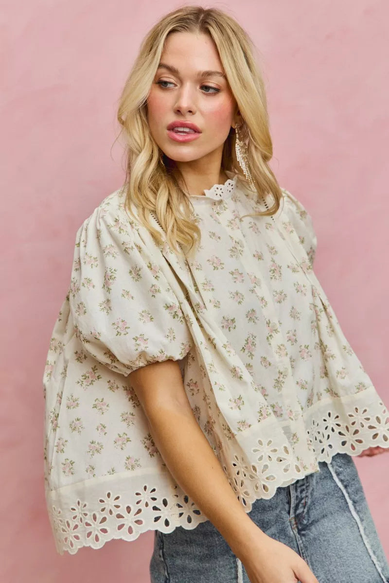Floral Print Lace Trim Short Sleeves Blouse So Me