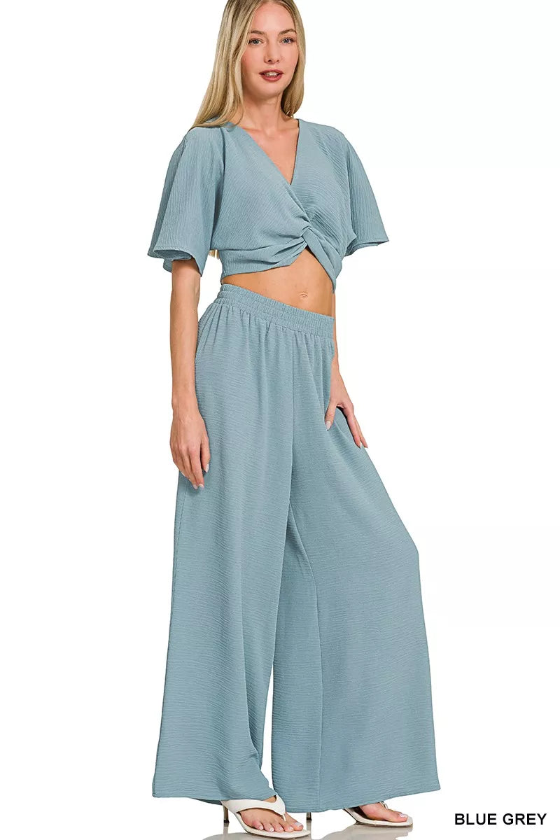 Zenana Woven Airflow Twisted Top & Wide Leg Pants Set Trendsi BLUE GREY S